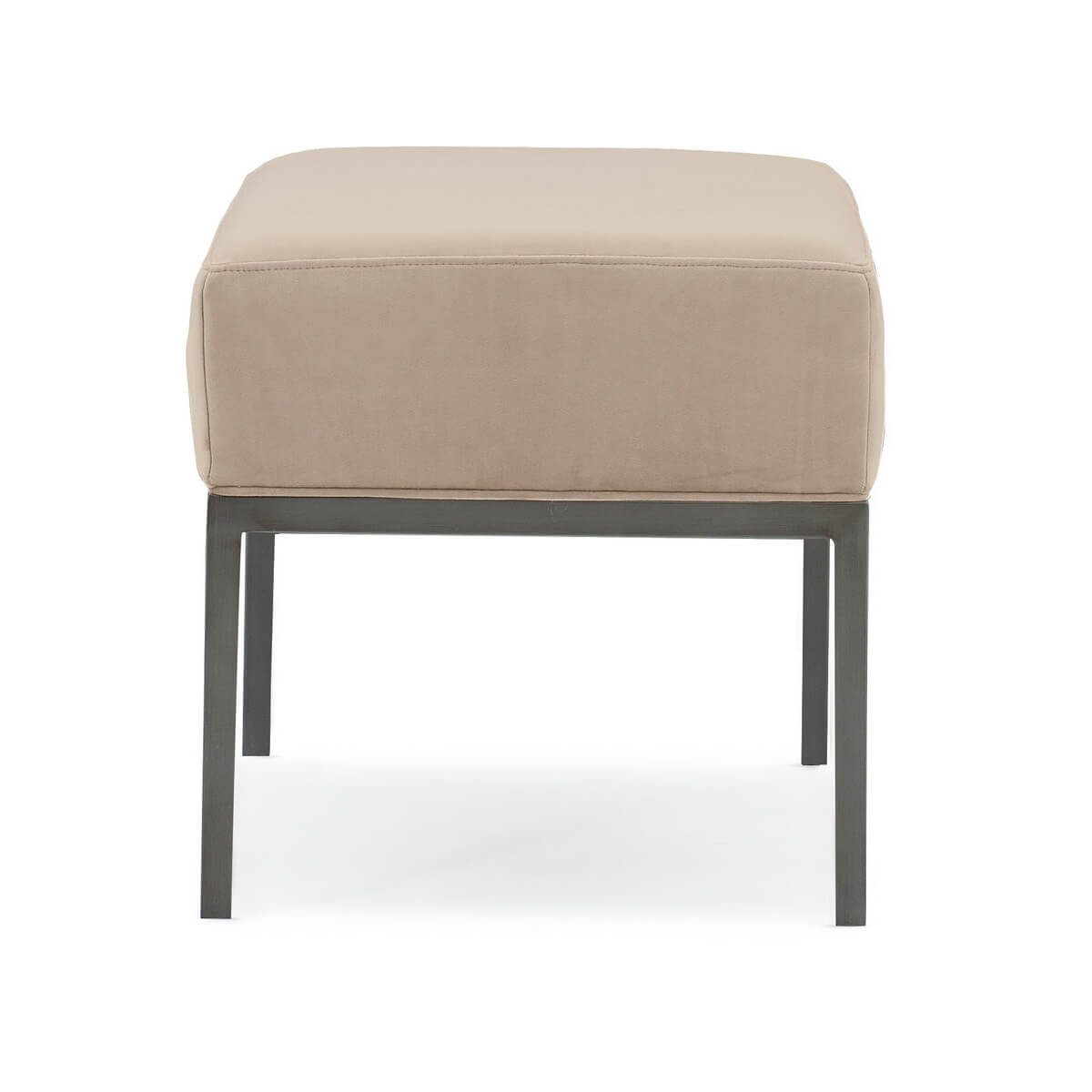 Beige bench with metal legs, side view.