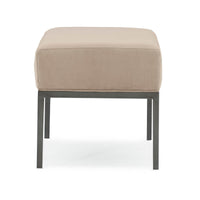 Beige bench with metal legs, side view.