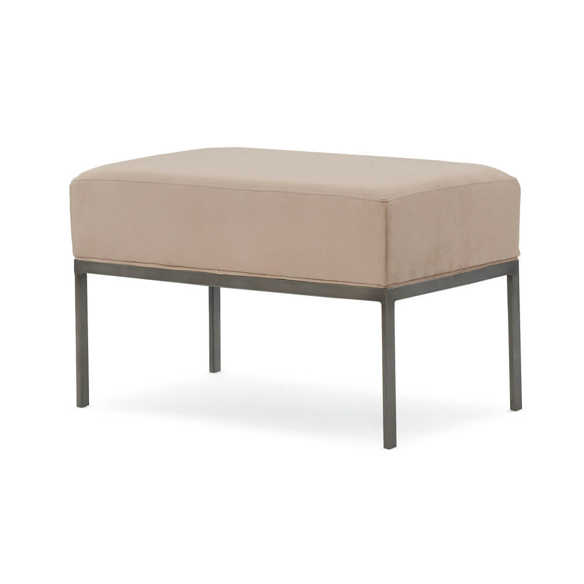Beige modern bench with metal legs, front angle view.