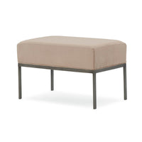 Beige modern bench with metal legs, front angle view.