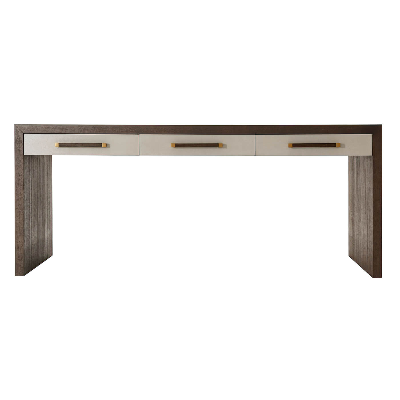 Modern writing table, front view, three drawers, sleek design.