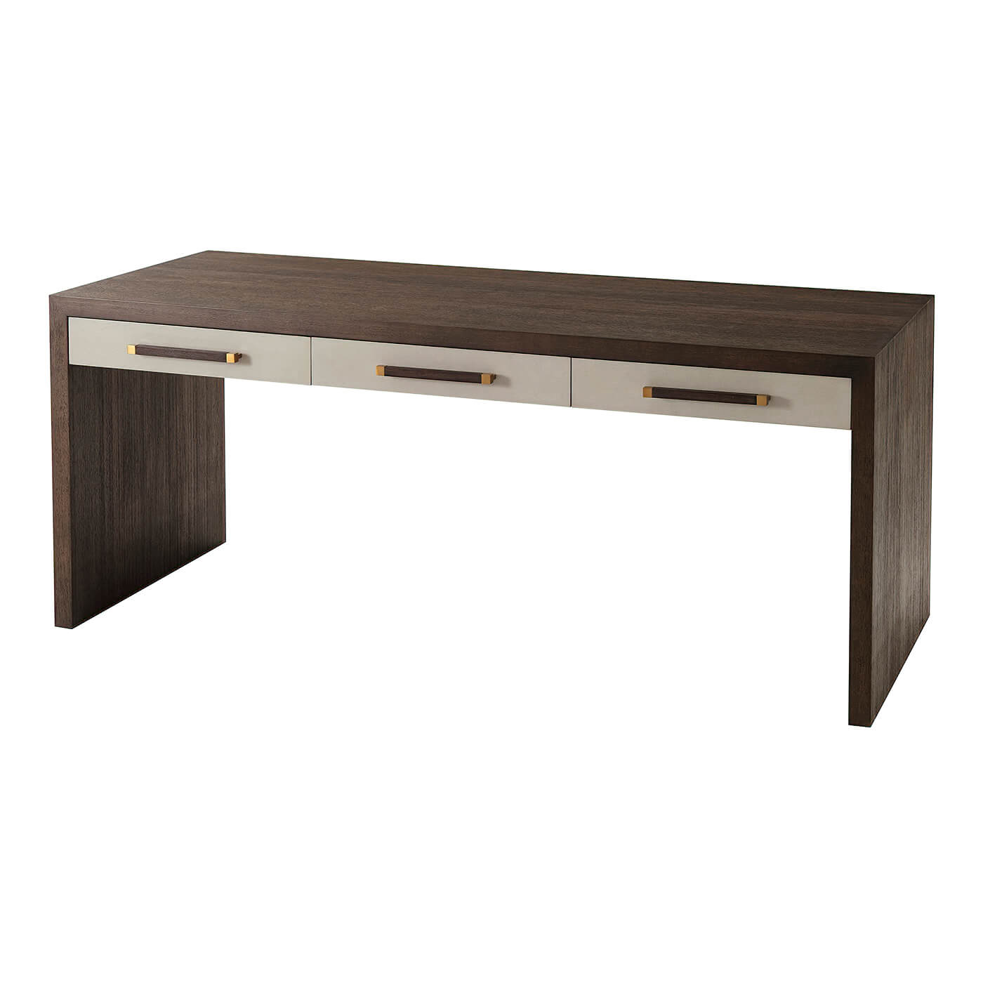 Modern writing table, side view, three drawers visible, dark finish.