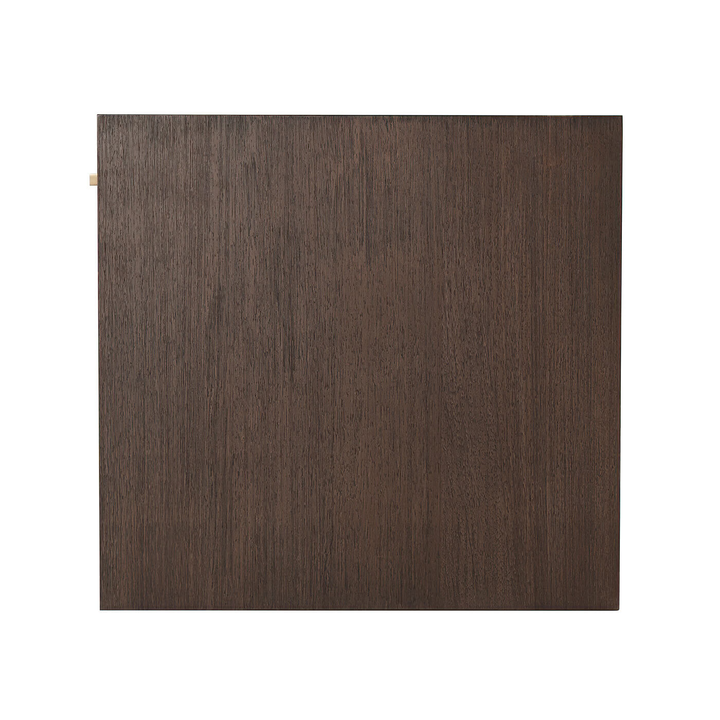 Modern writing table, side profile, dark wood panel.
