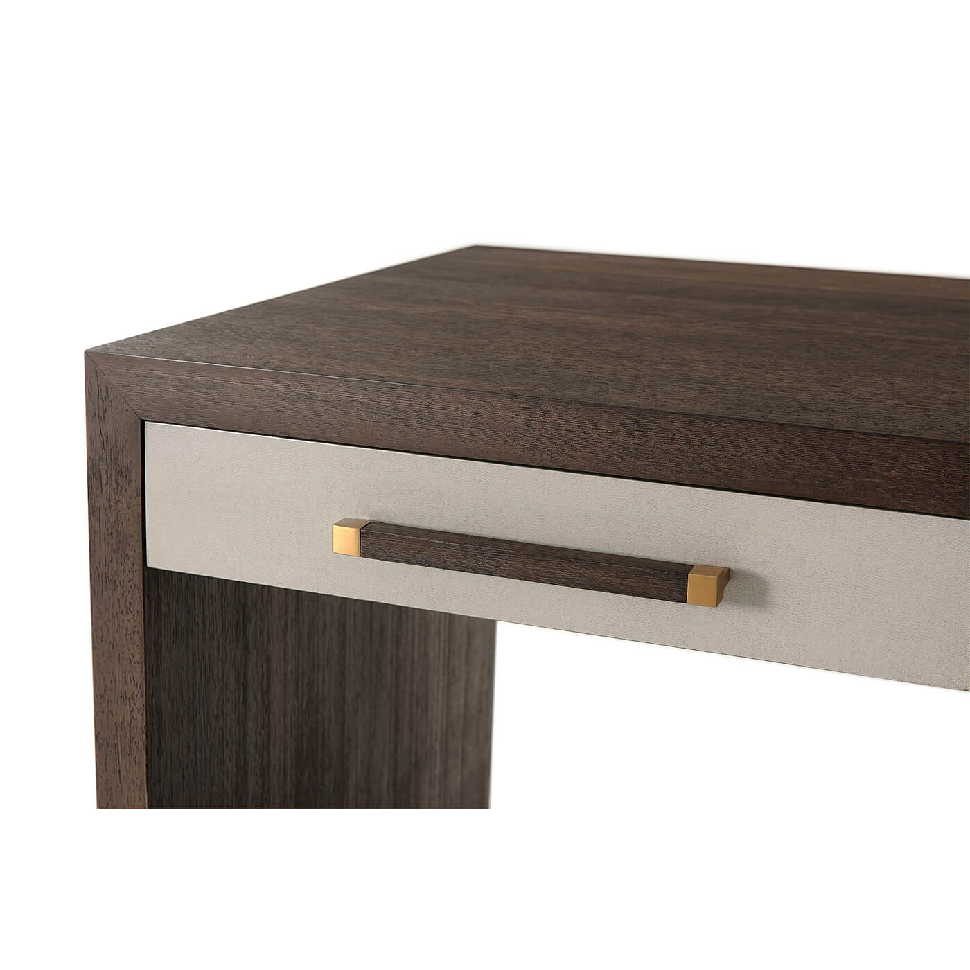 Modern writing table, close-up, drawer handle detail, dark finish.