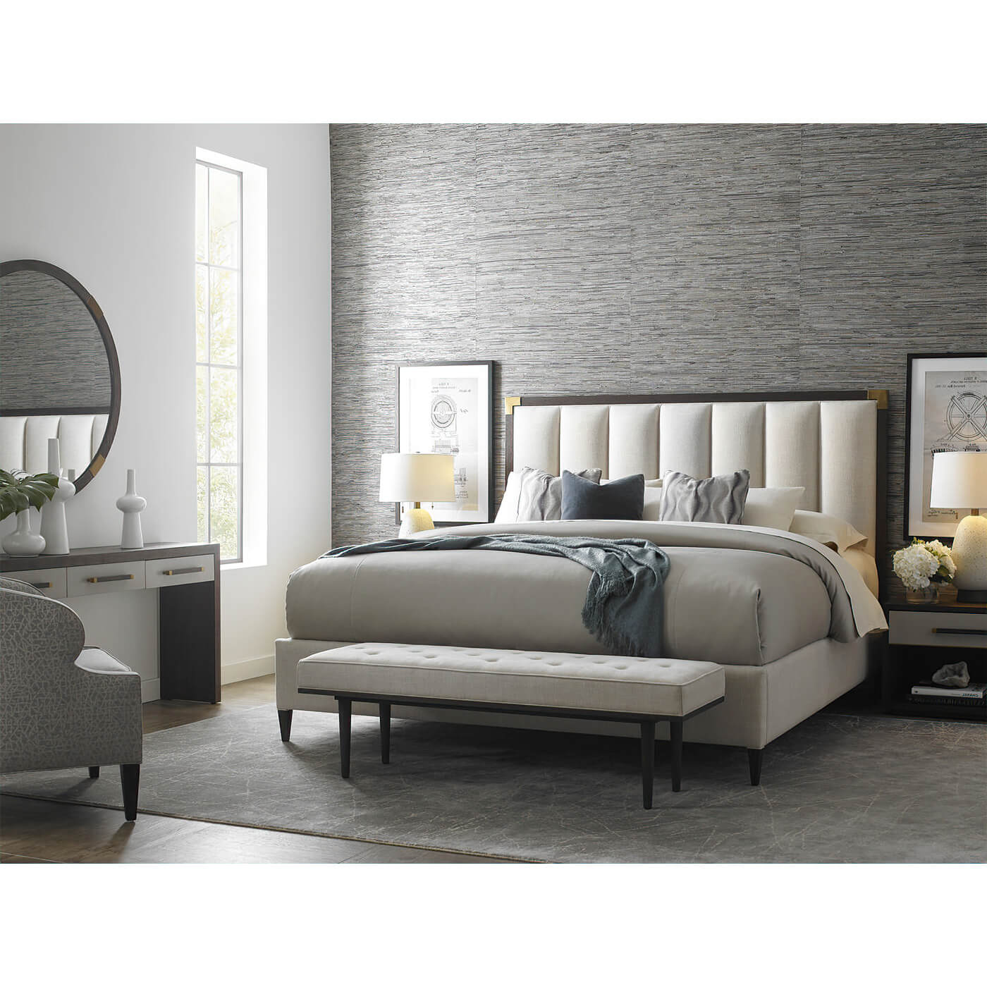 Room with modern writing table, bedroom decor, elegant setting.