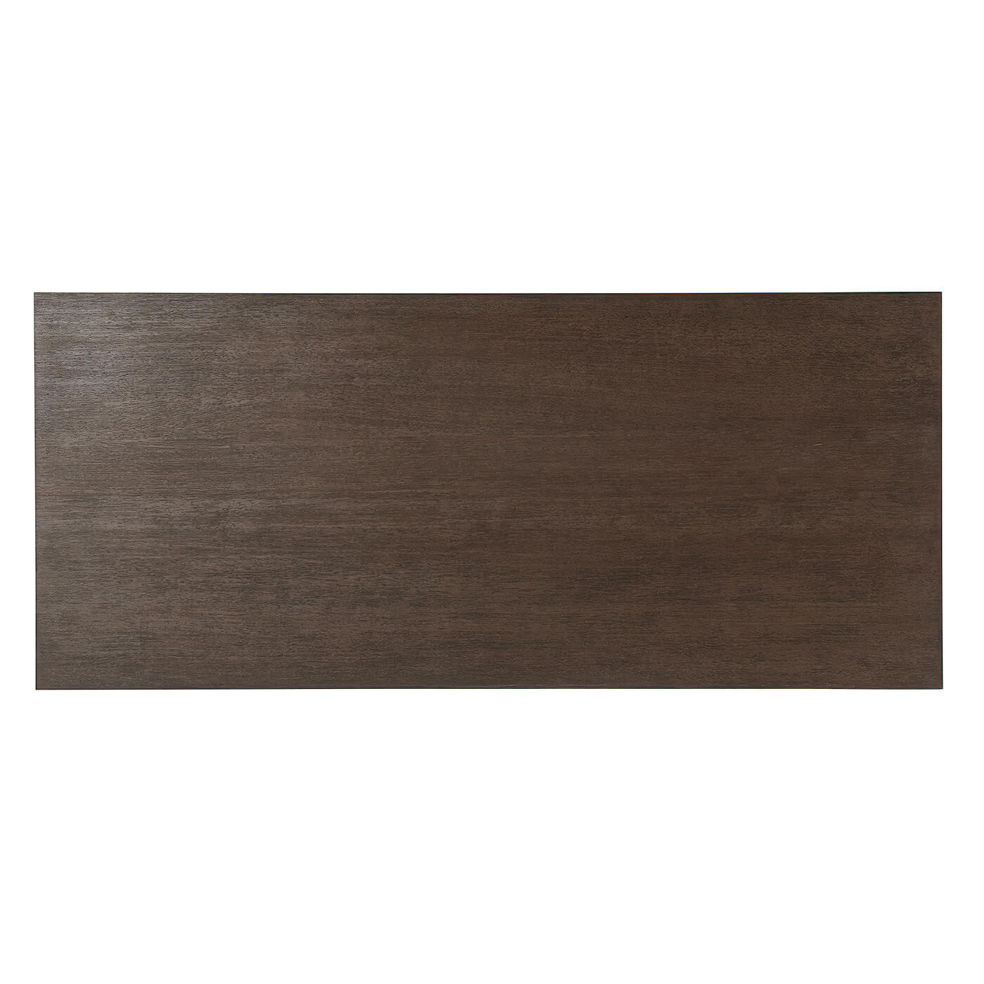 Modern writing table, top view, dark wood finish.