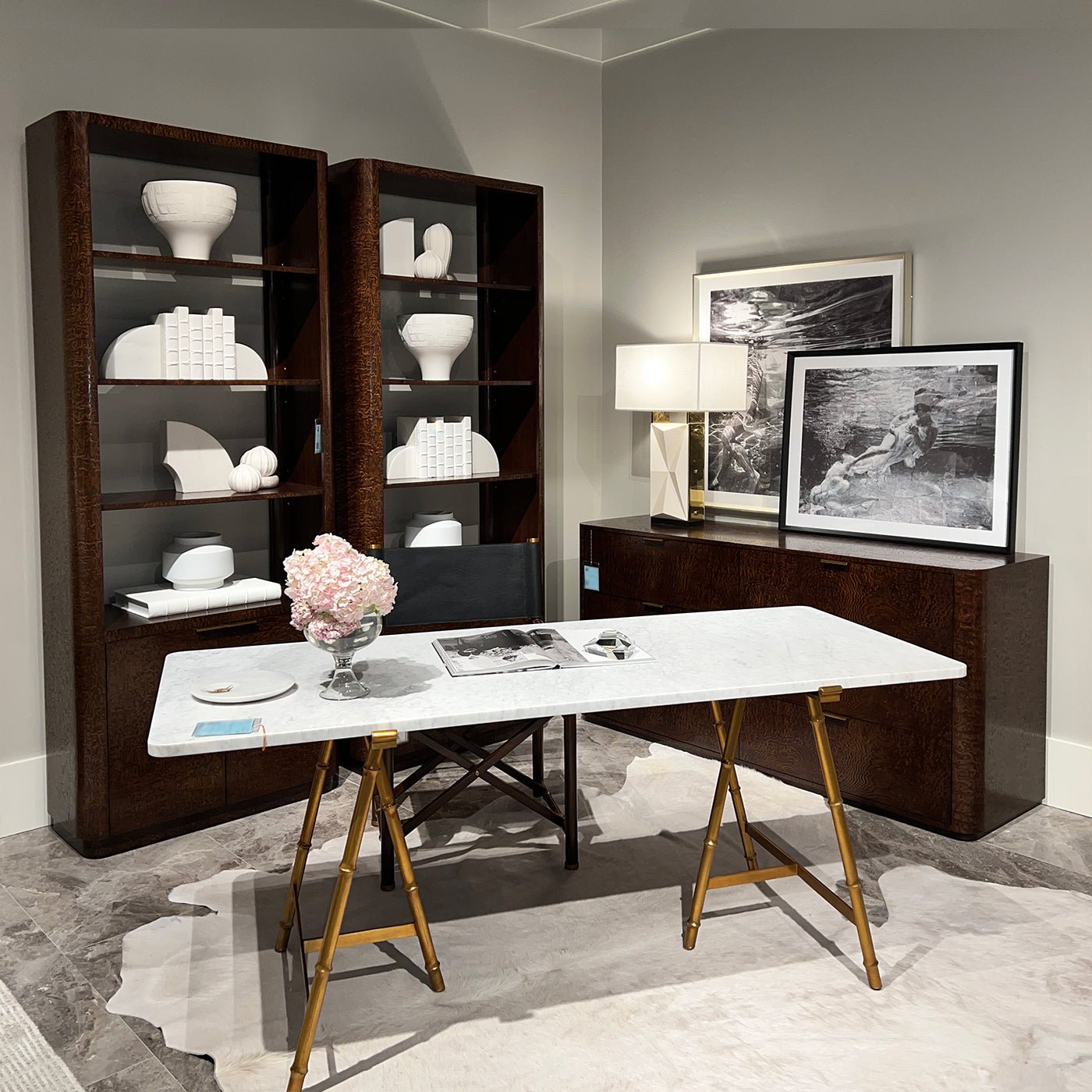 Room interior featuring dresser, shelves, and desk setup.