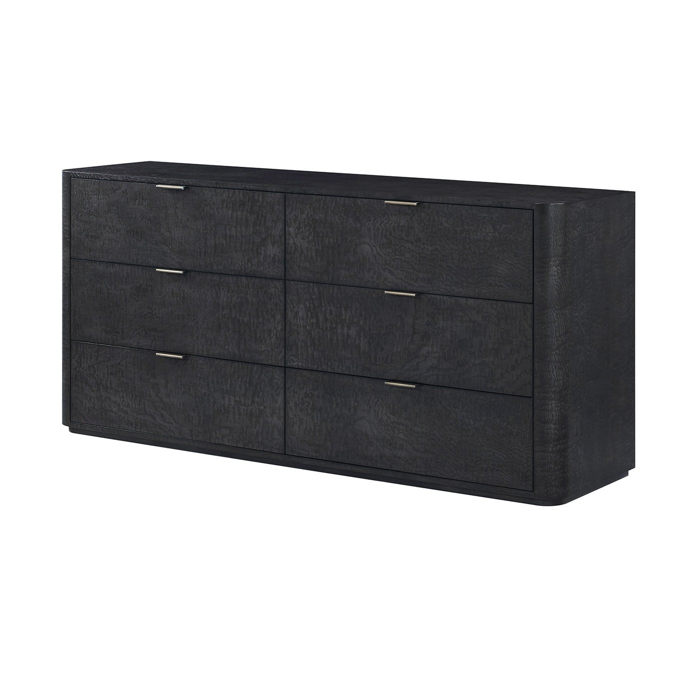 Black art deco style dresser with six drawers, angled view.