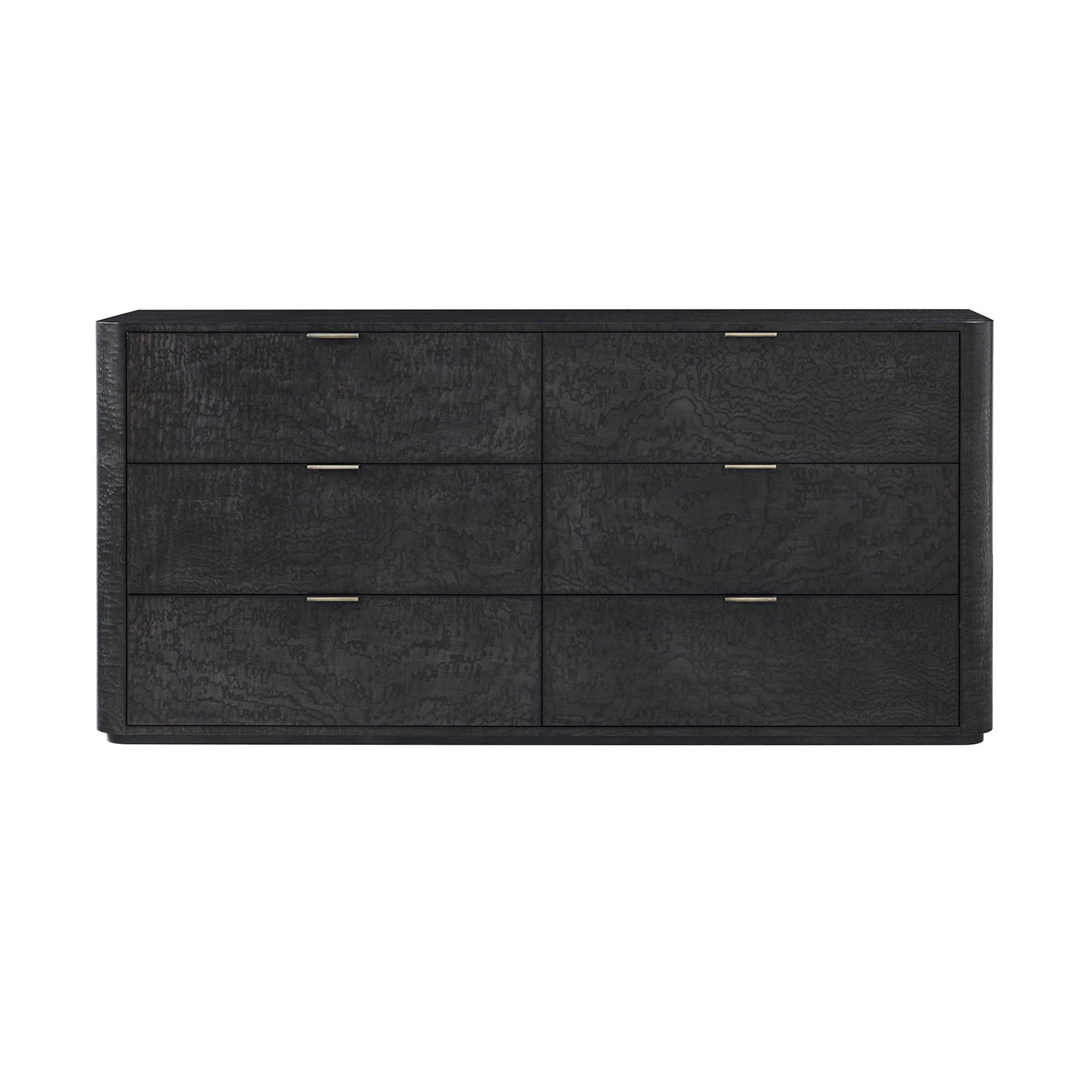 Front view of black art deco style dresser with drawers.