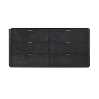 Front view of black art deco style dresser with drawers.