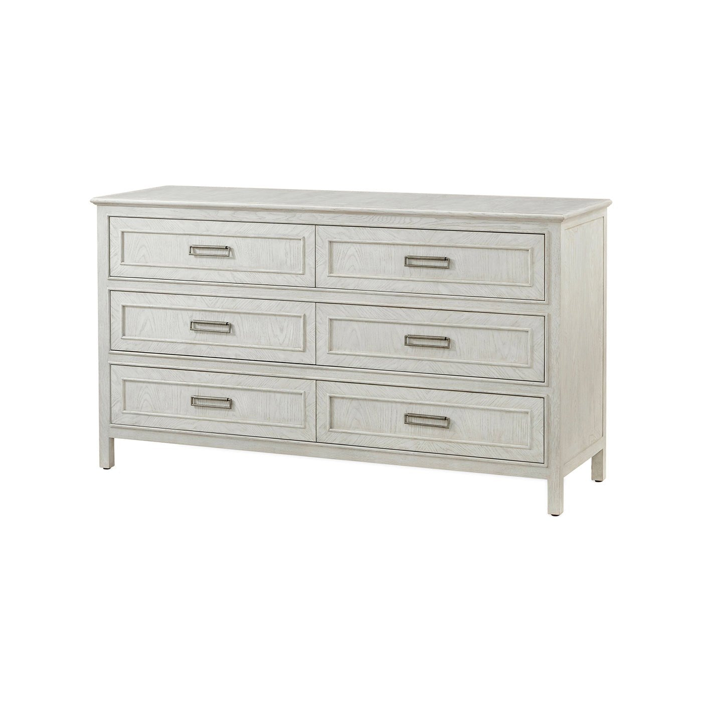 White oak dresser angled view with six drawers.