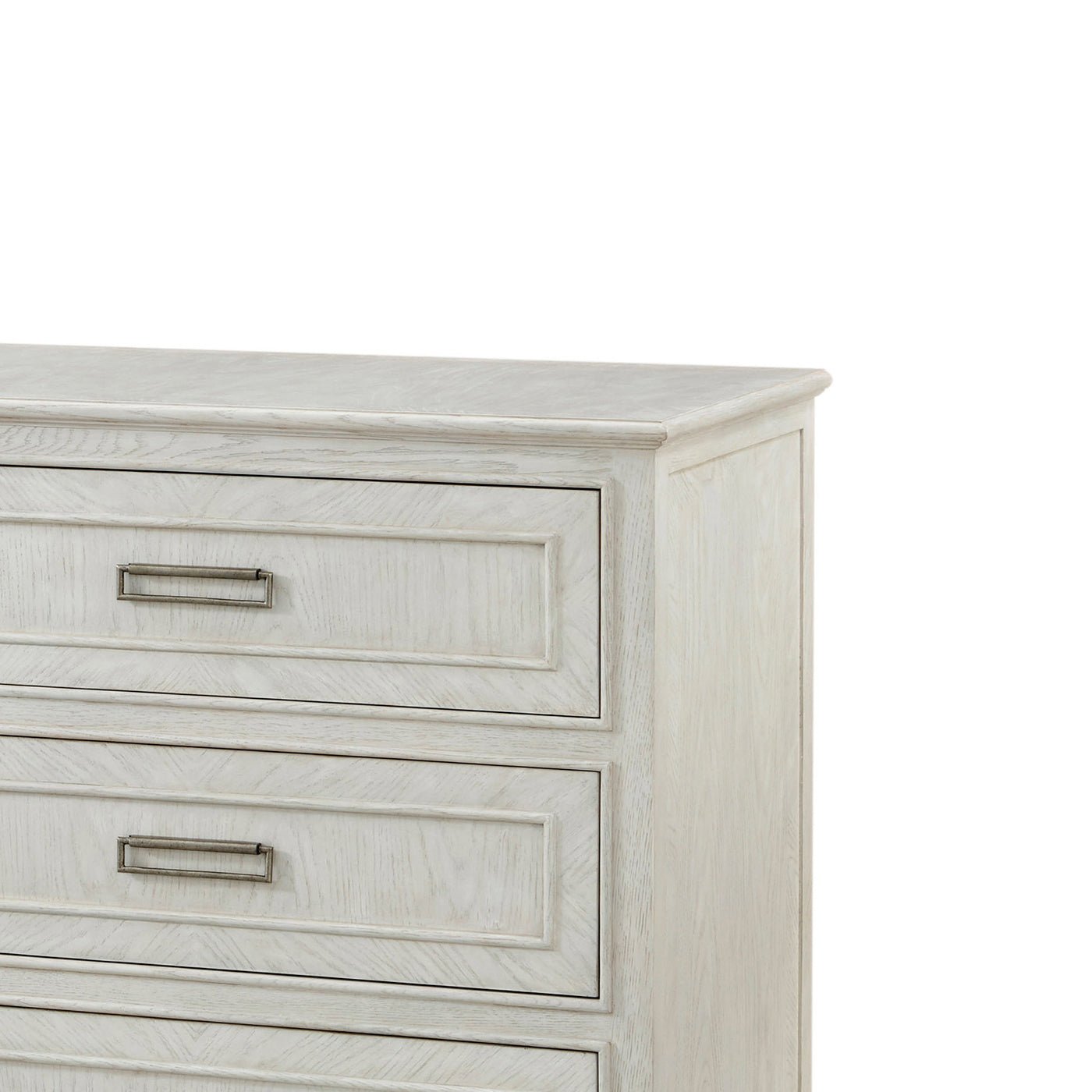 Close-up of white oak dresser corner and handles.