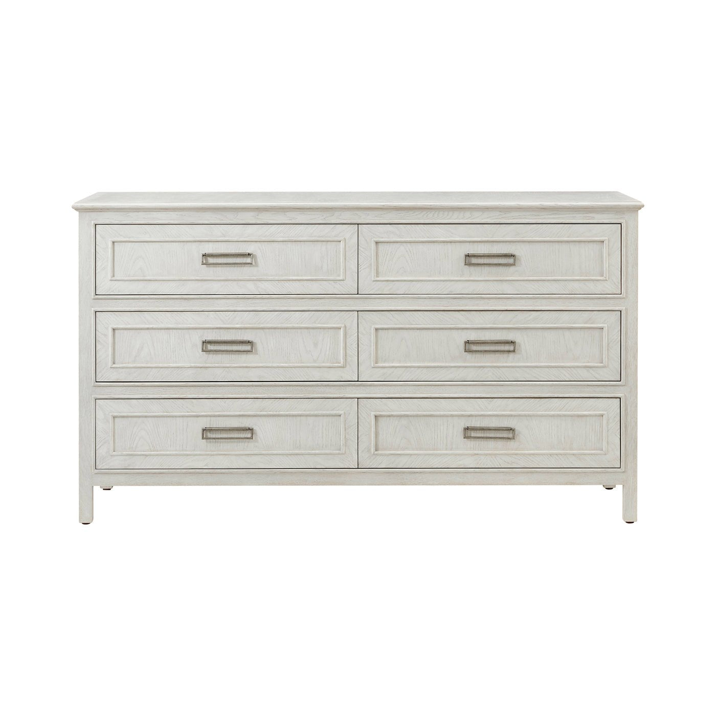 Front view of six-drawer white oak dresser.