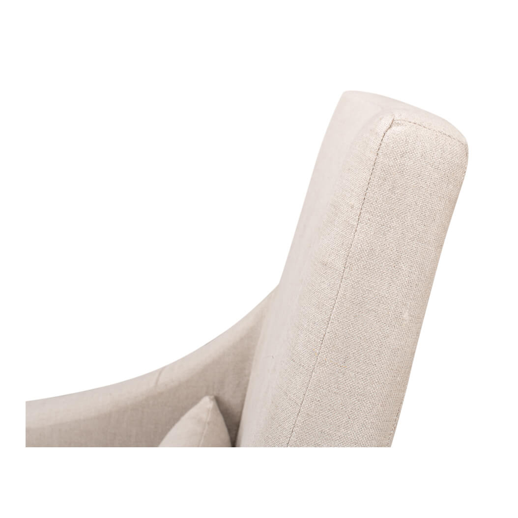 Side view of beige dining chair armrest and backrest