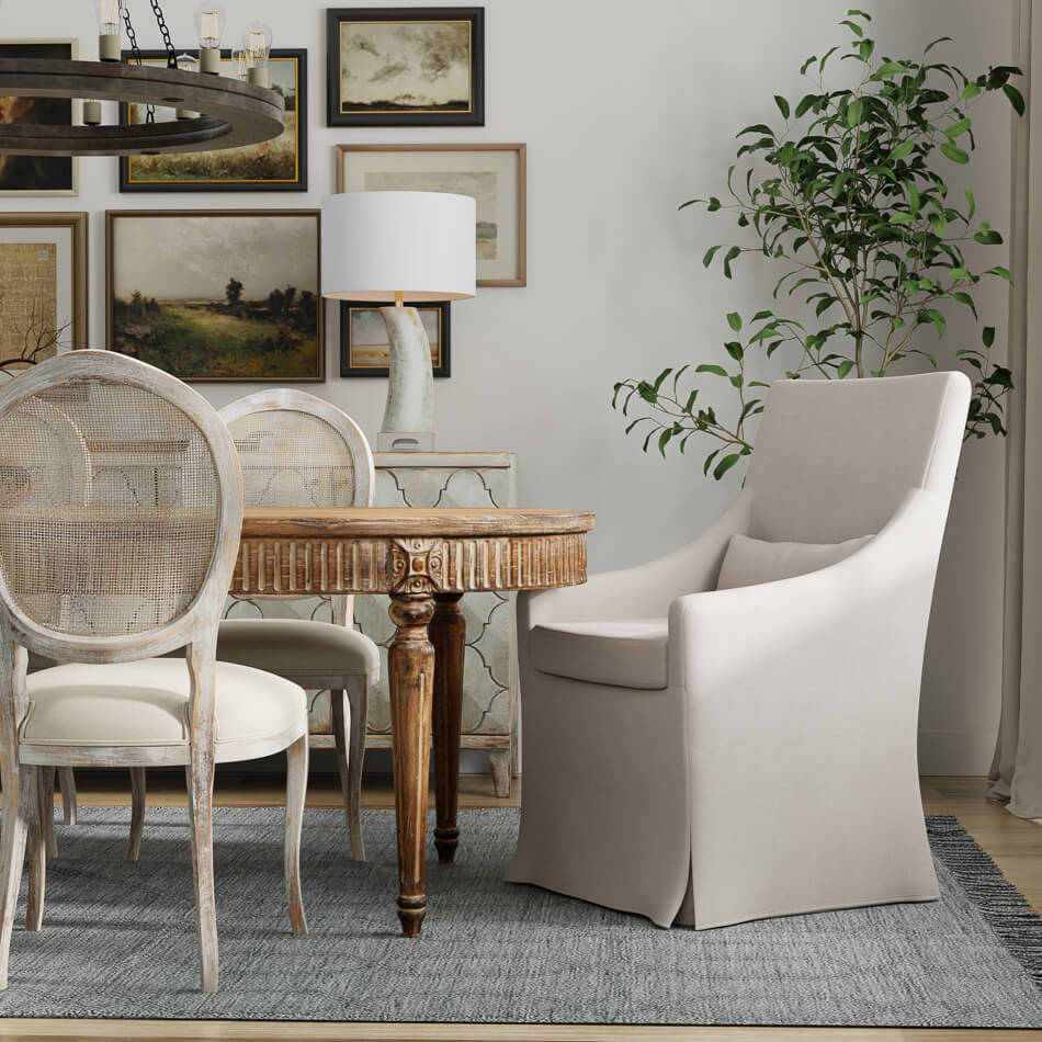 Beige skirted dining chair in decorated dining room