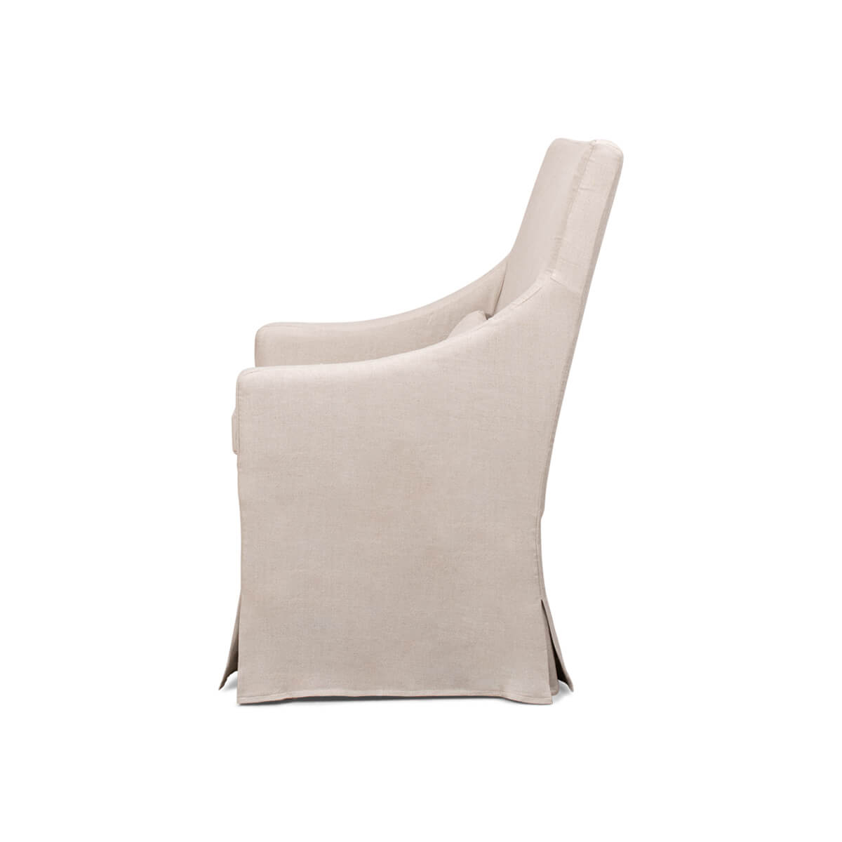 Beige skirted dining chair side view with cushion