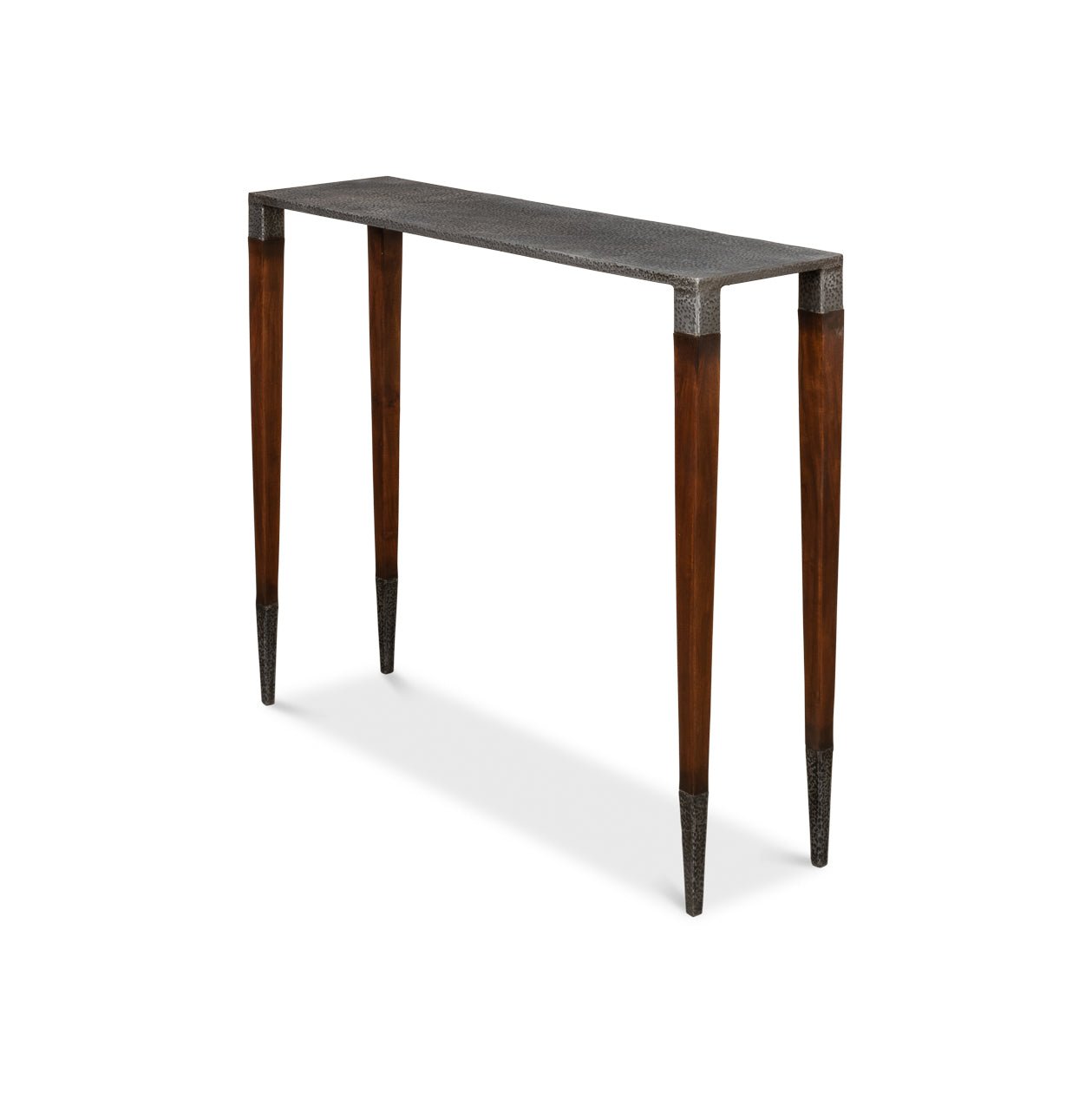 Slim Art Deco console table, angled perspective.