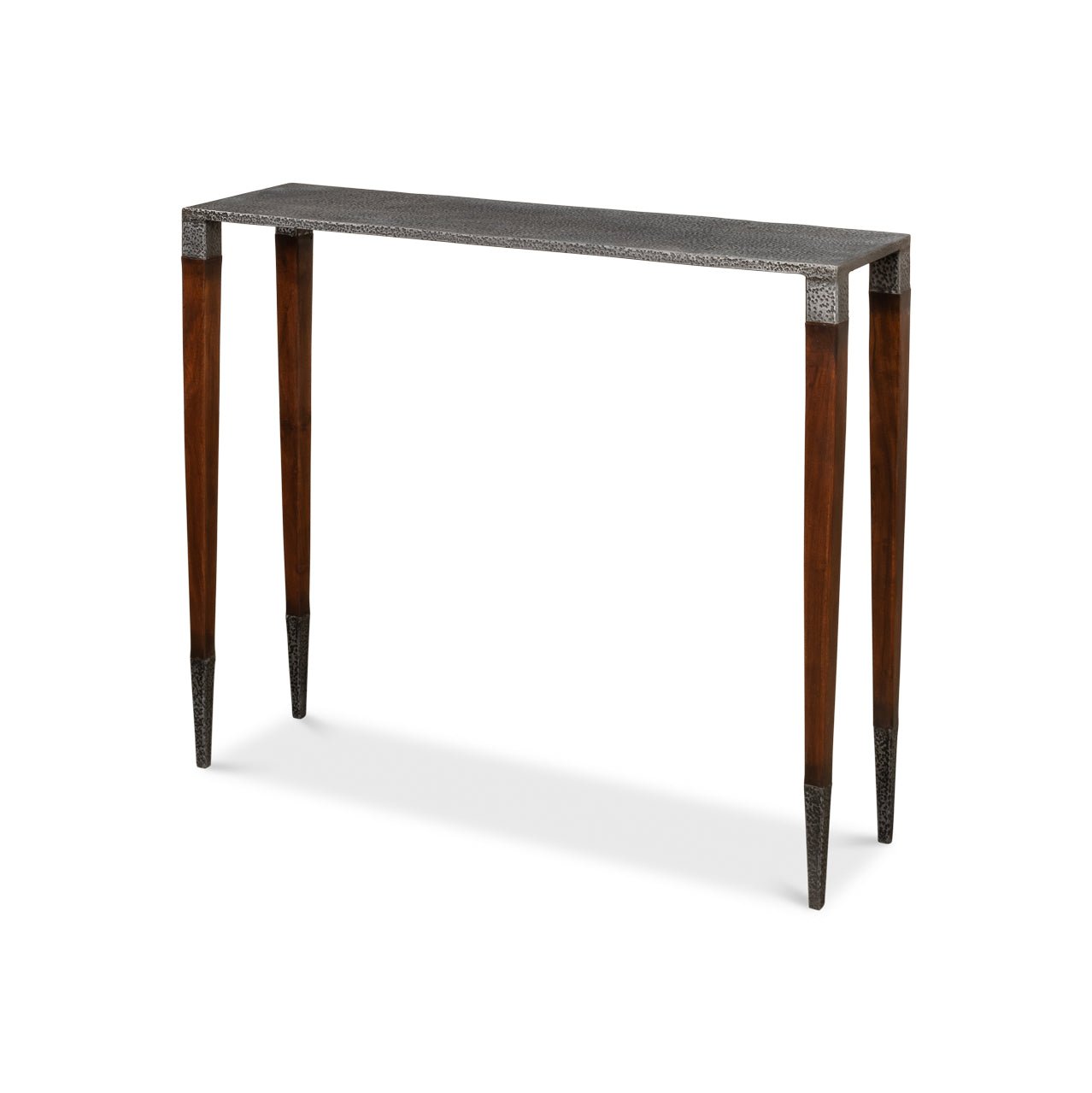Slim Art Deco console table, angled side view.