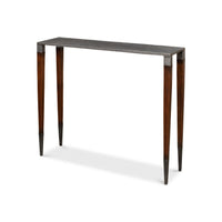 Slim Art Deco console table, angled side view.