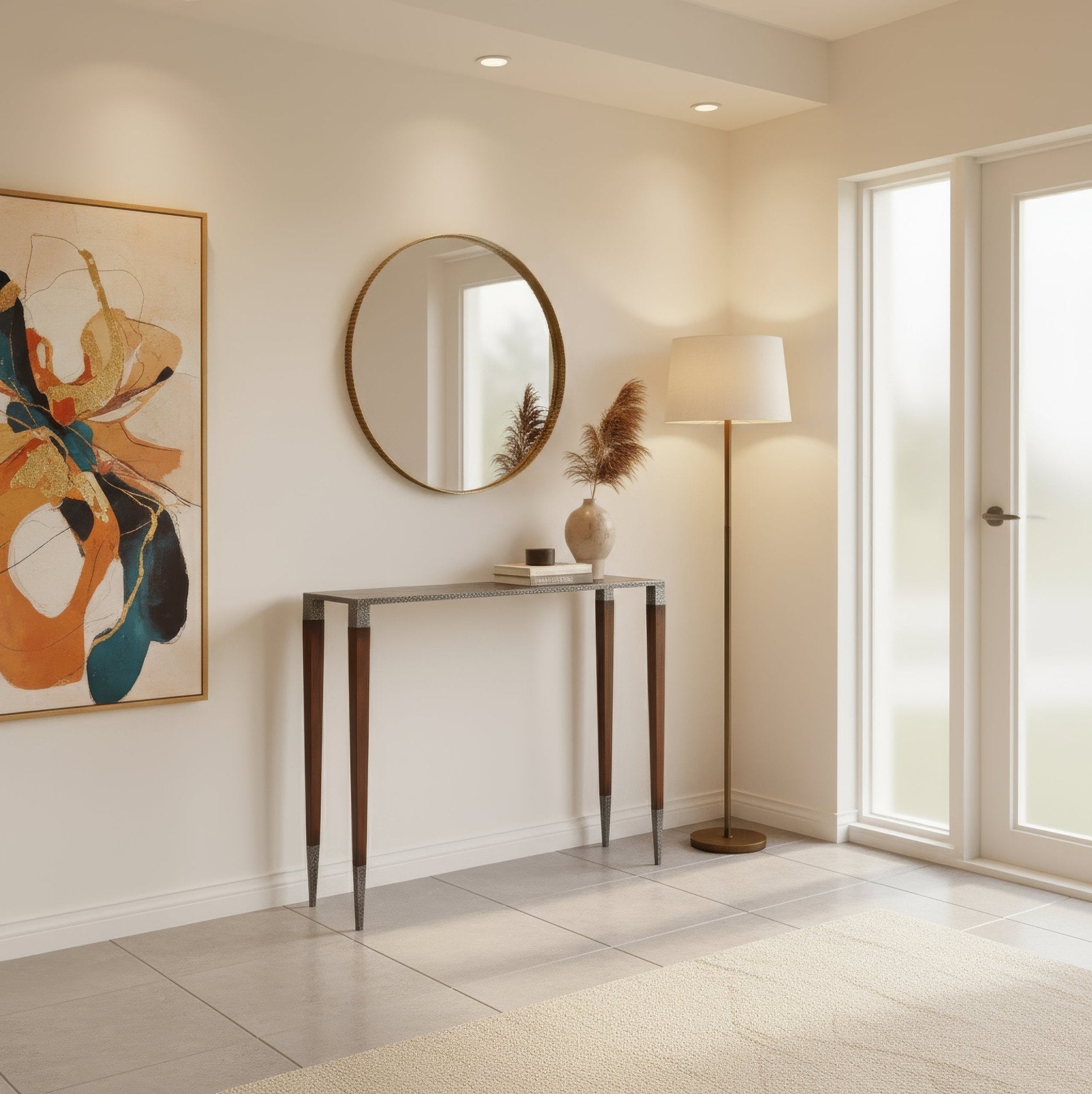 Slim Art Deco console table in modern entryway.