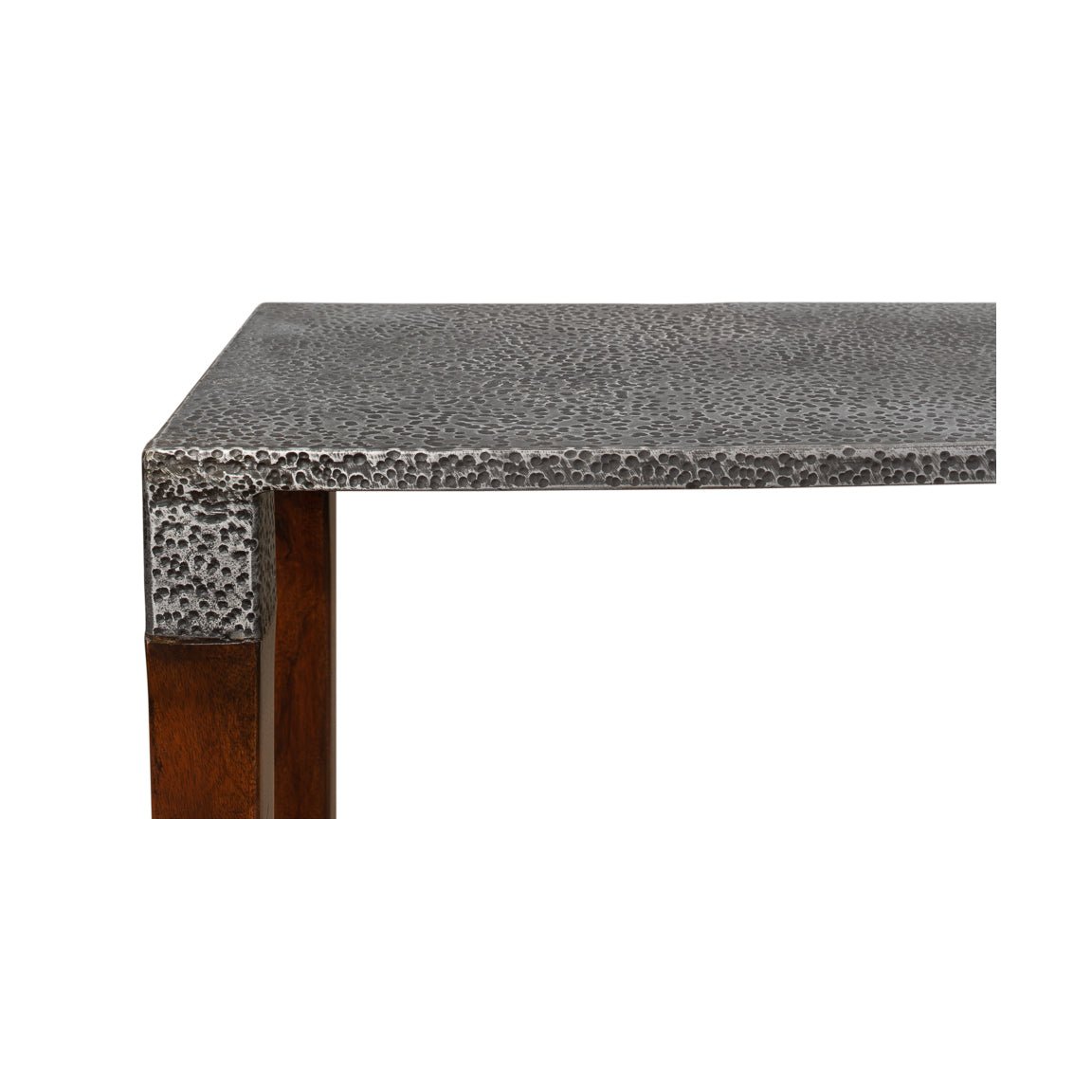 Focus on tabletop corner, Slim Art Deco console table.