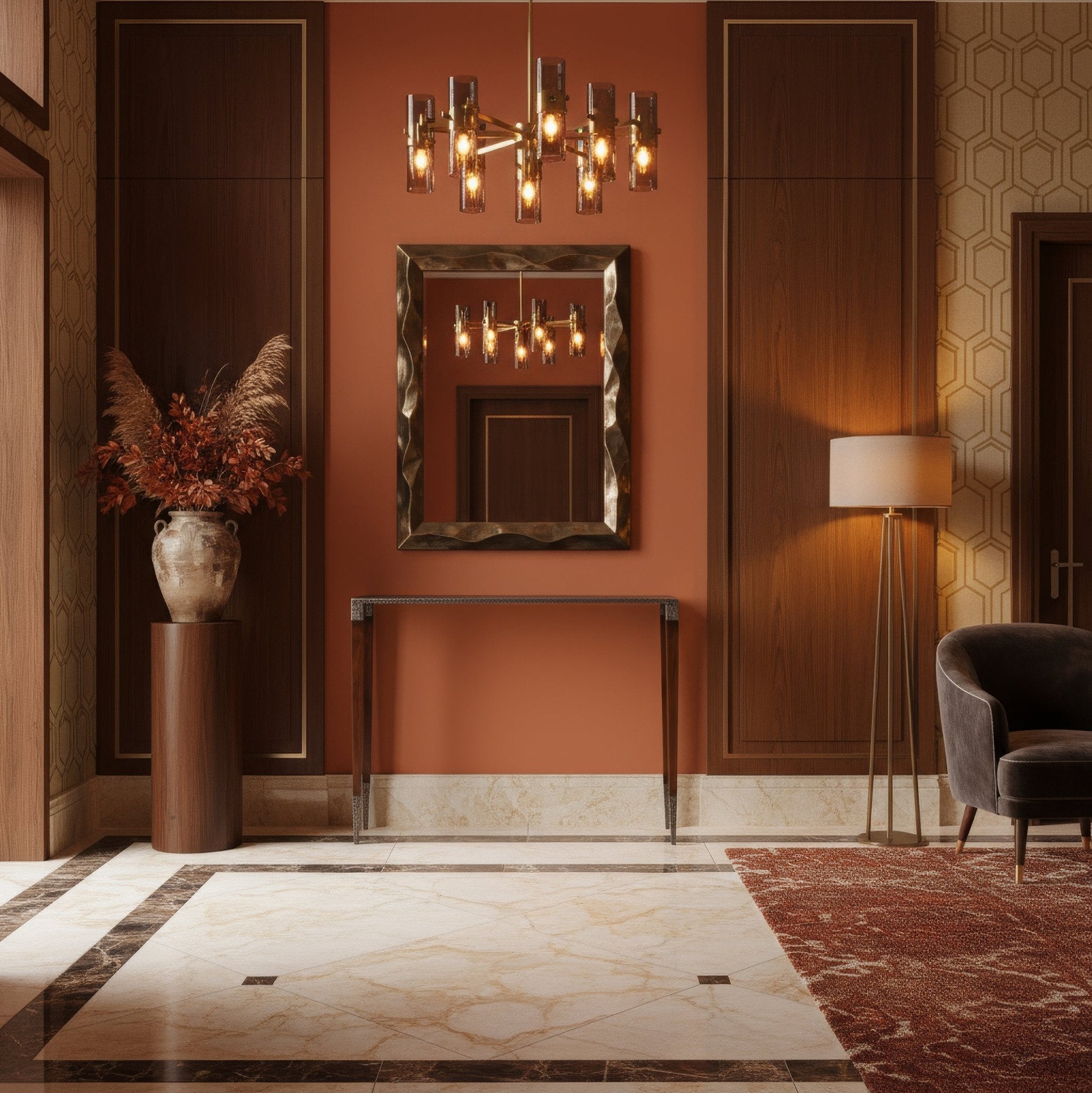 Slim Art Deco console table in elegant hallway setting.