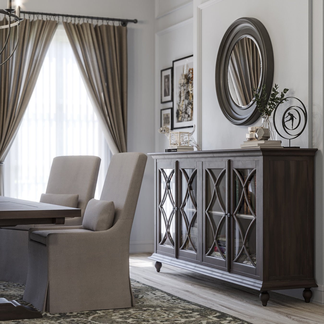 Slipcovered dining chairs beside decorative sideboard.