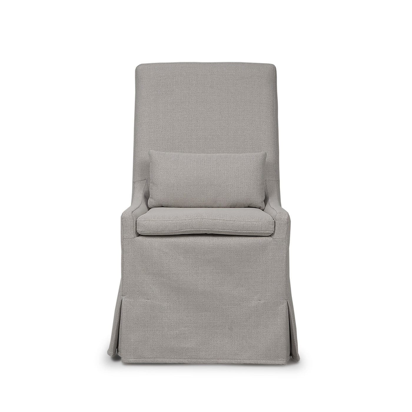 Slipcovered dining chair front detailed view with cushion.