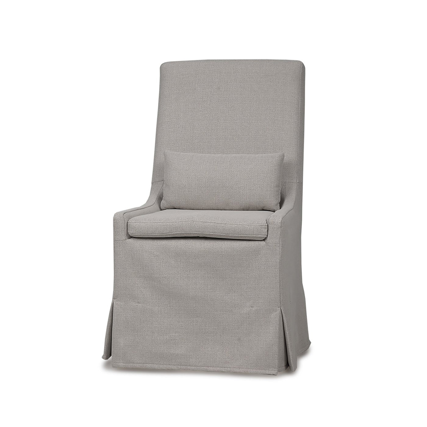 Slipcovered dining chair front view with cushion.