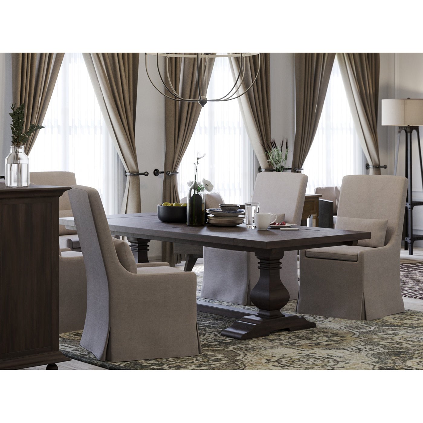 Slipcovered dining chairs in elegant dining room setting.