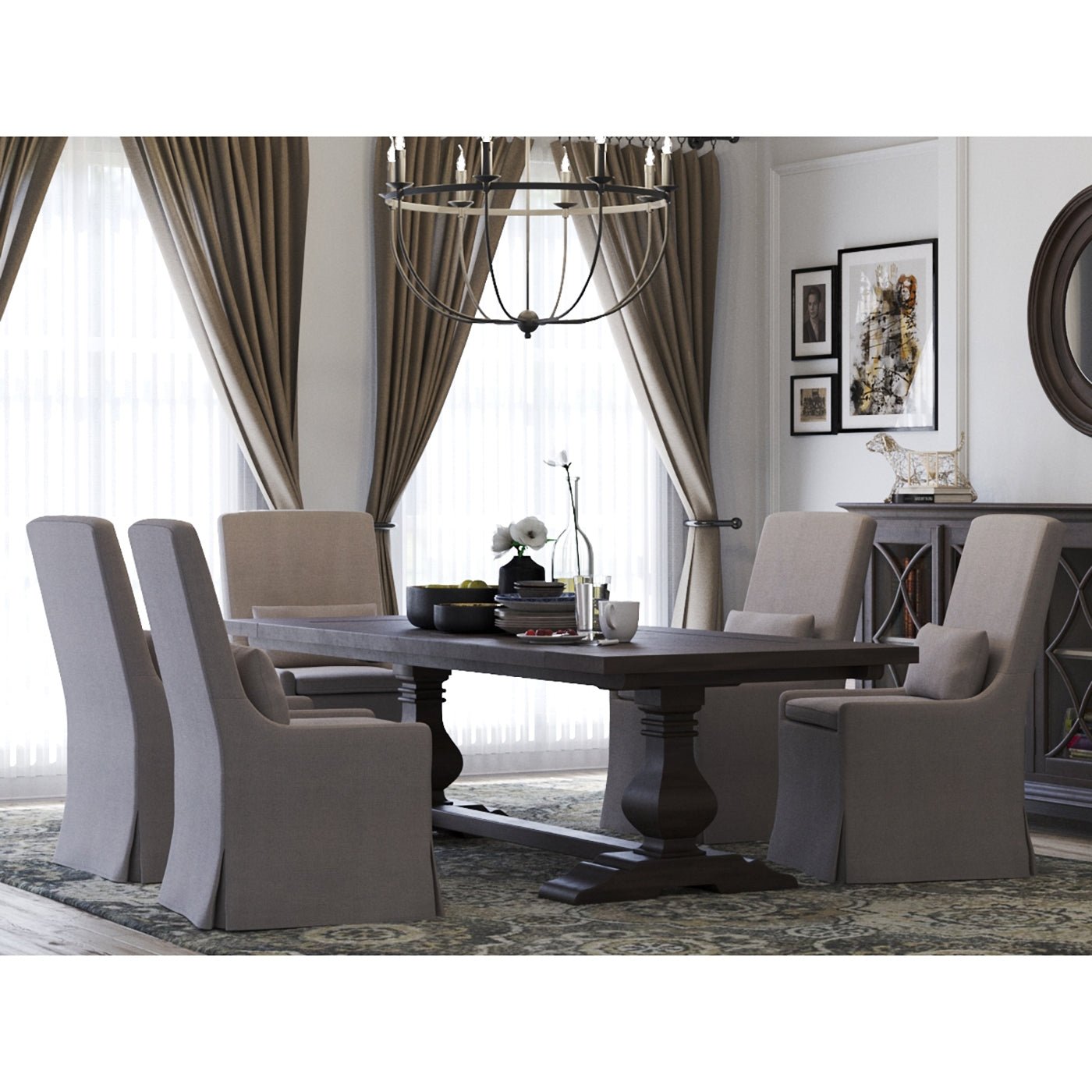 Dining room set with slipcovered chairs around table.