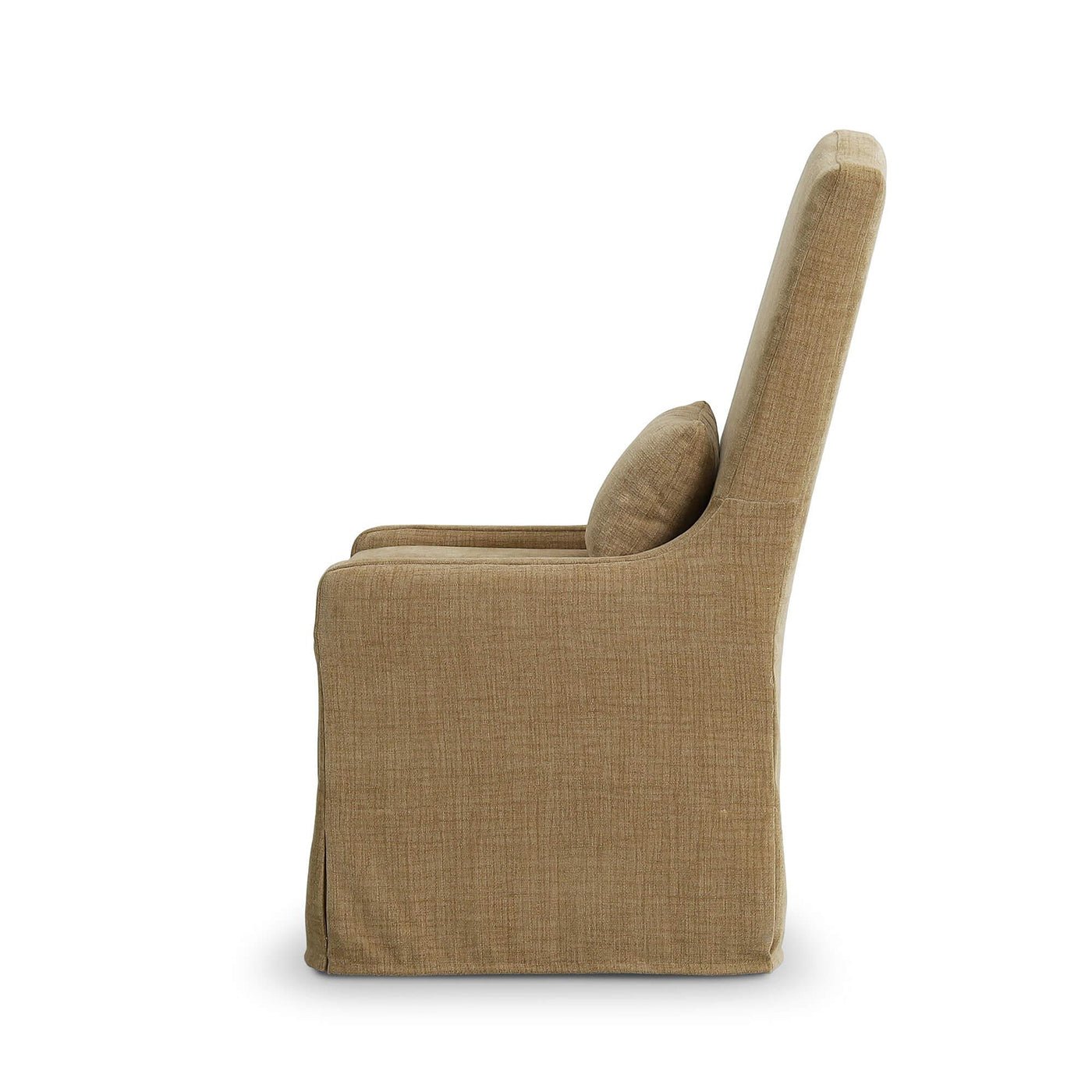 Slipcovered dining chair side view showing dimensions.
