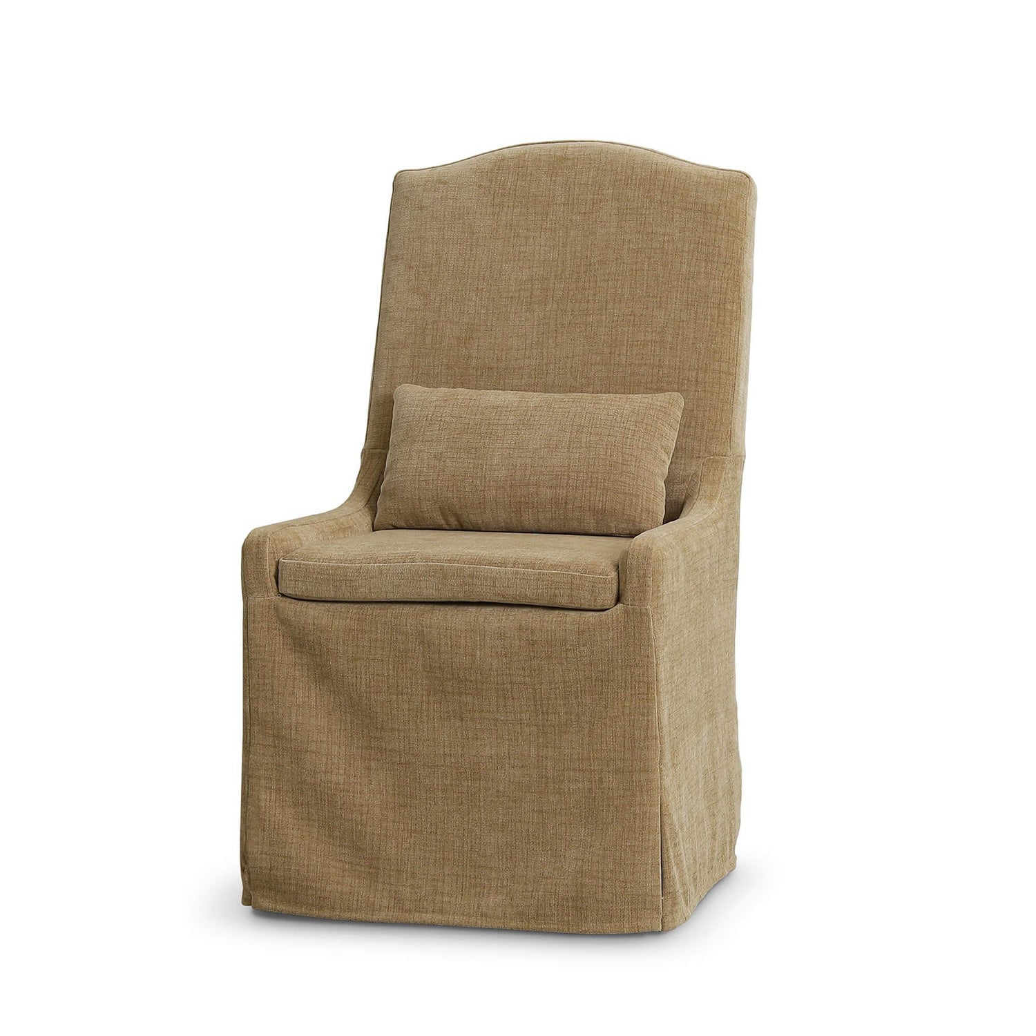 Slipcovered dining chair angled front view with cushion.