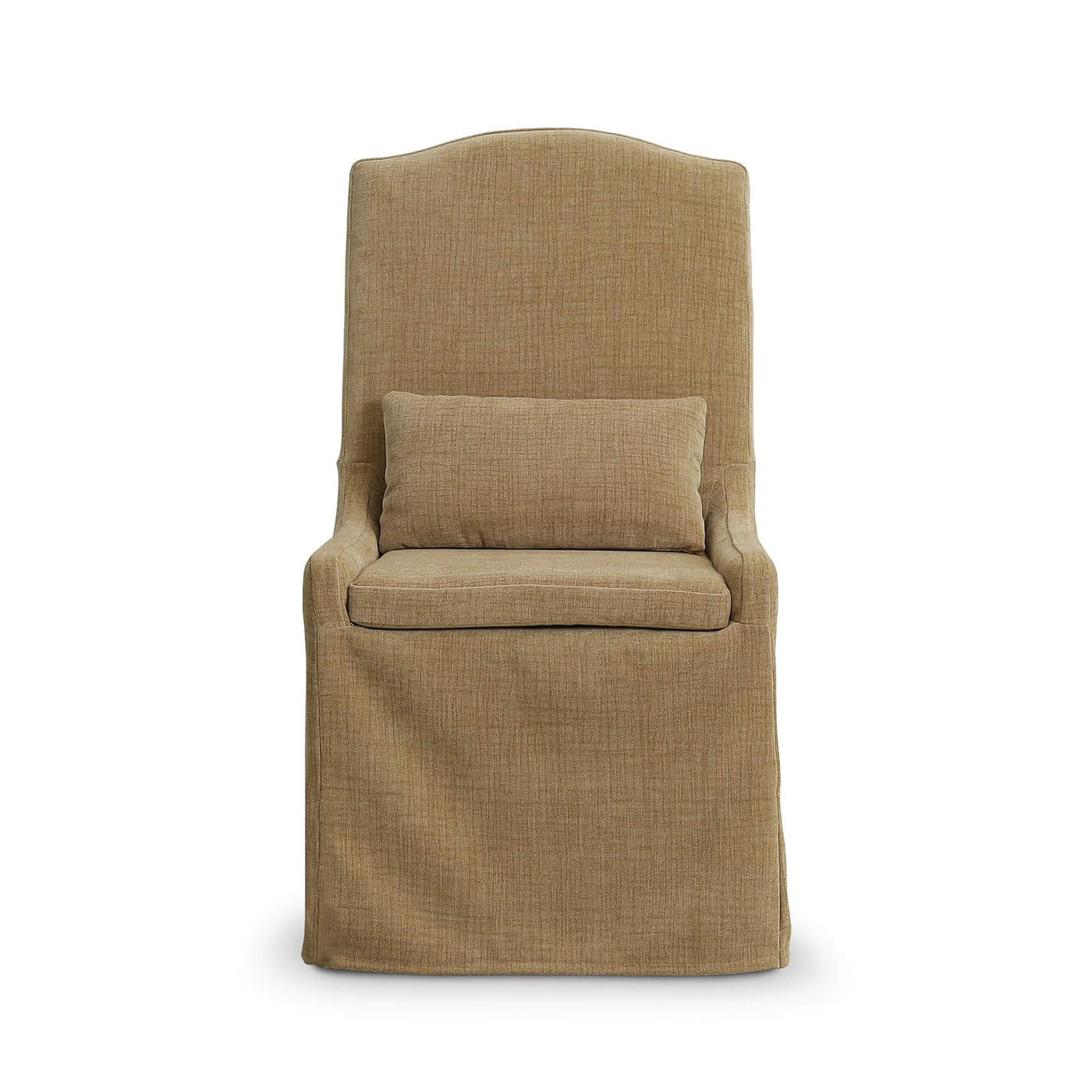 Slipcovered dining chair front view with cushion.