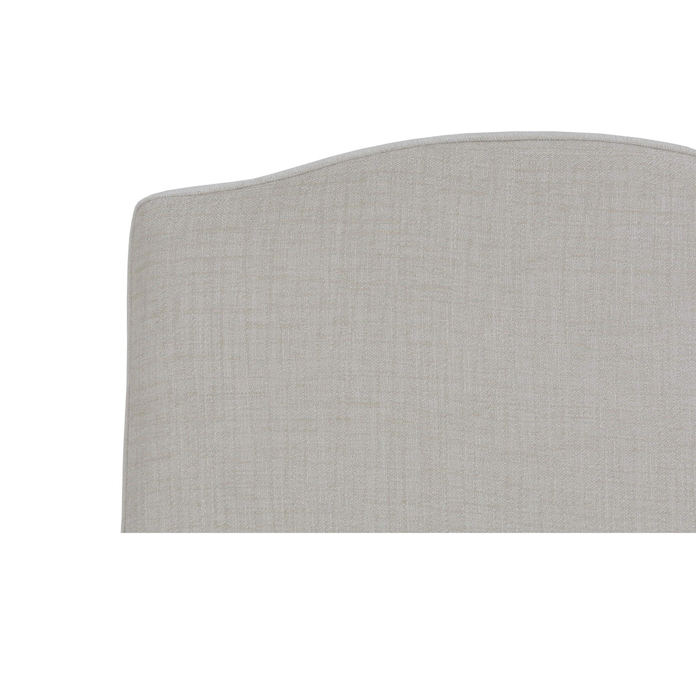 Close-up slipcovered dining chair top, light beige upholstery.