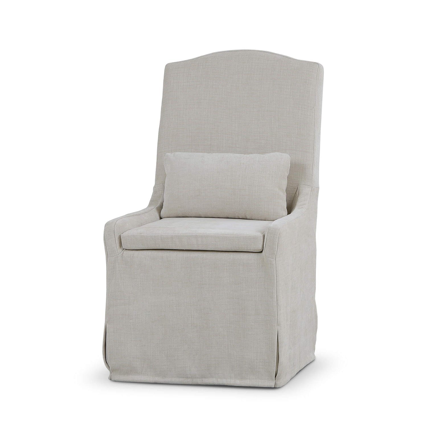 Front view slipcovered dining chair, light beige upholstery.