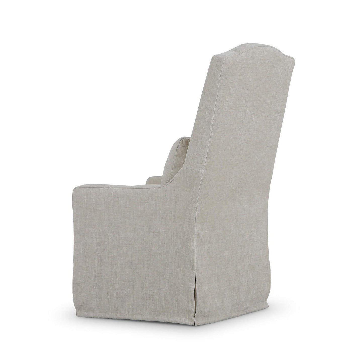 Rear side slipcovered dining chair, light beige upholstery.