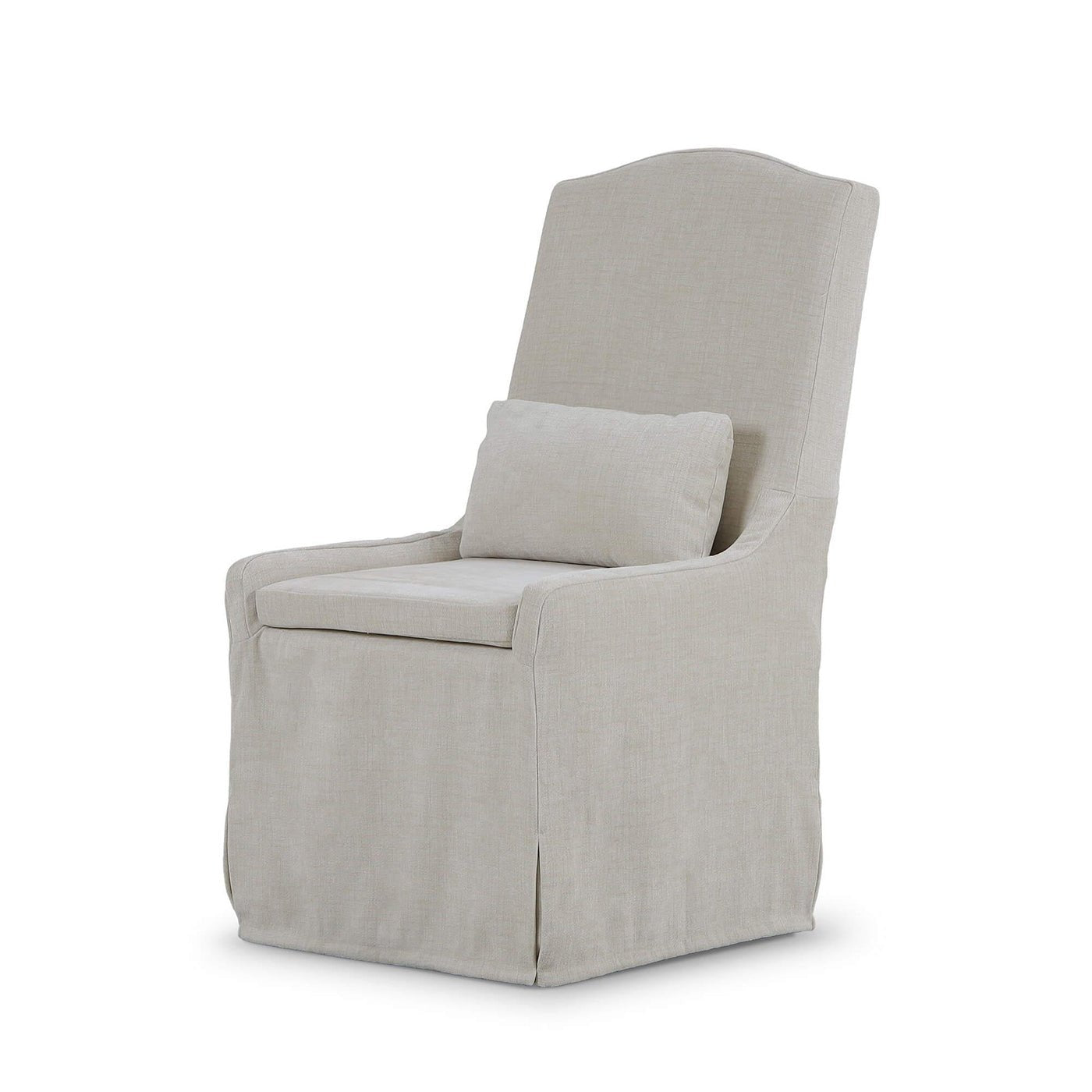 Angled view slipcovered dining chair, light beige upholstery.