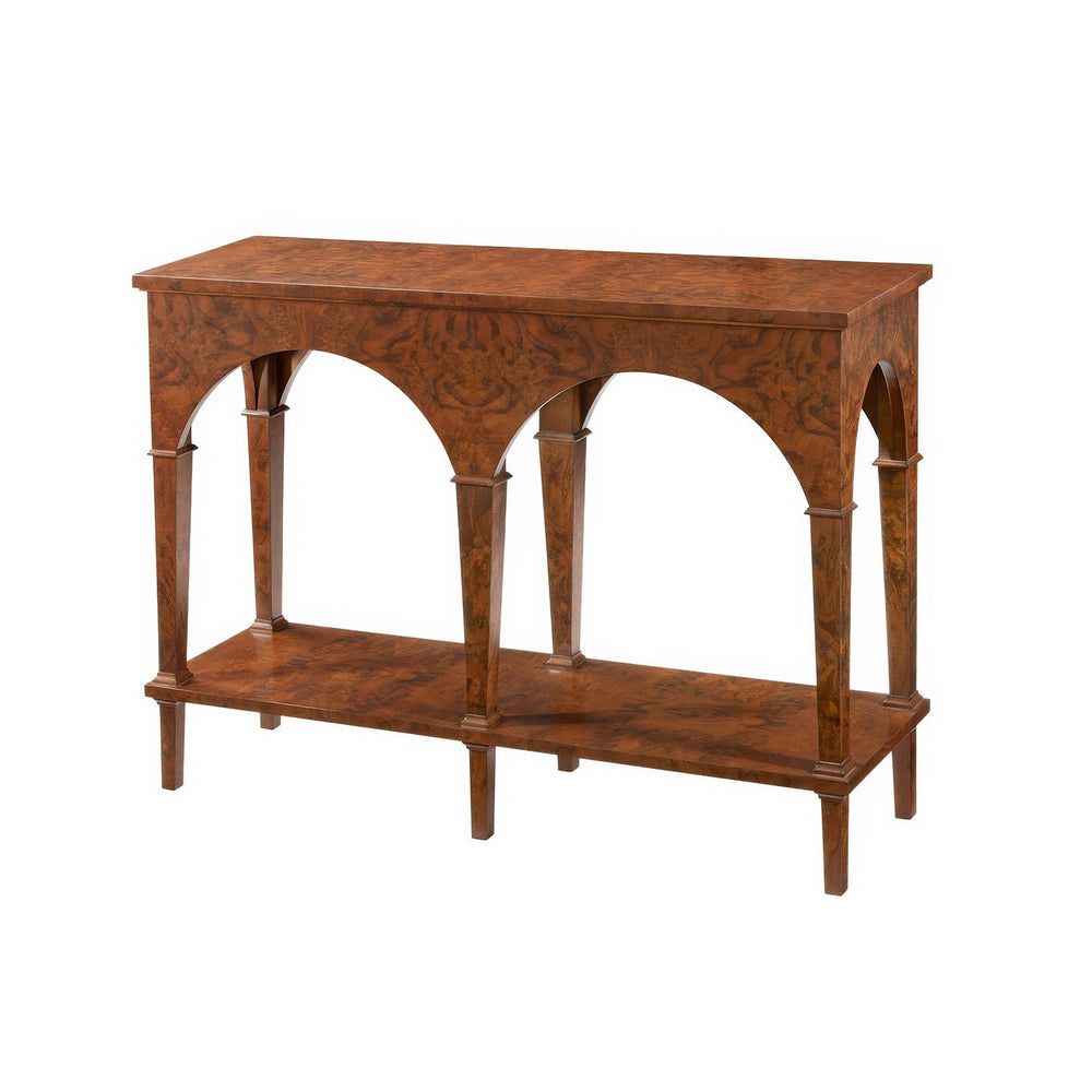 Burl walnut console table with arched legs, front view.