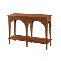 Burl walnut console table with arched legs, front view.