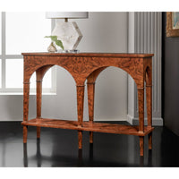Console table with lamp, interior setting, side view.