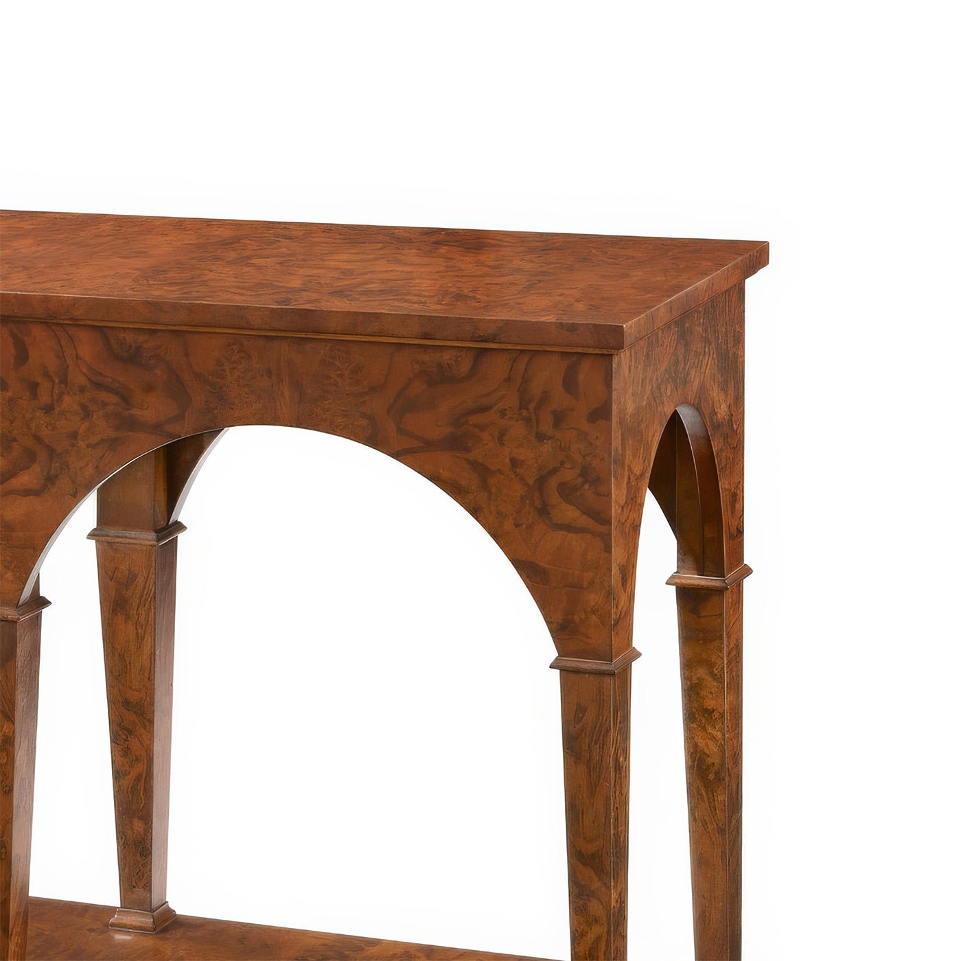 Close-up of console table's arched legs and top surface.
