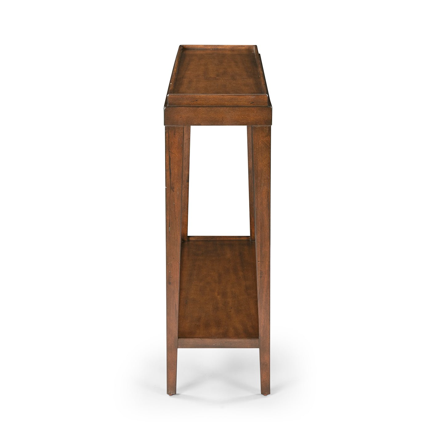 Side view of small classic console table, country finish.