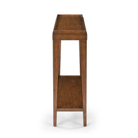Side view of small classic console table, country finish.