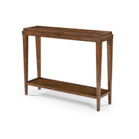 Angled view of small classic console table, country finish.