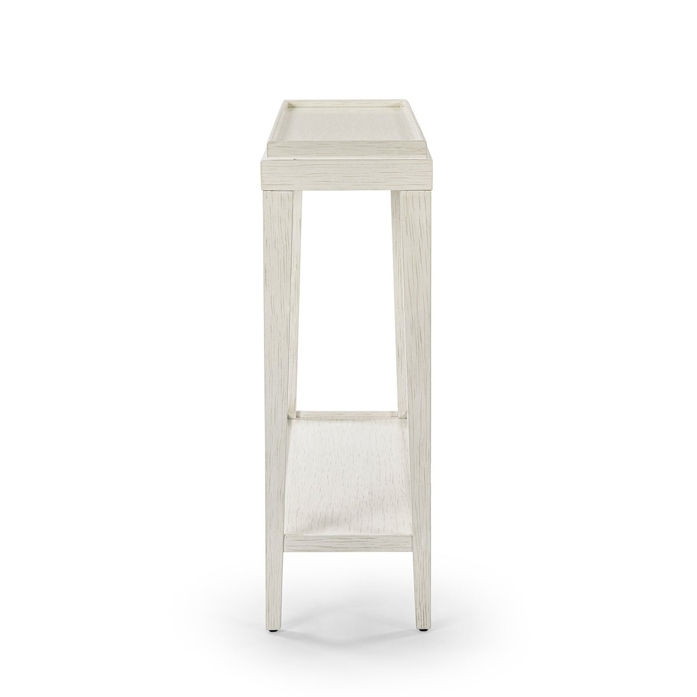 Small white console table, side profile view.