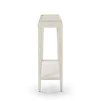 Small white console table, side profile view.