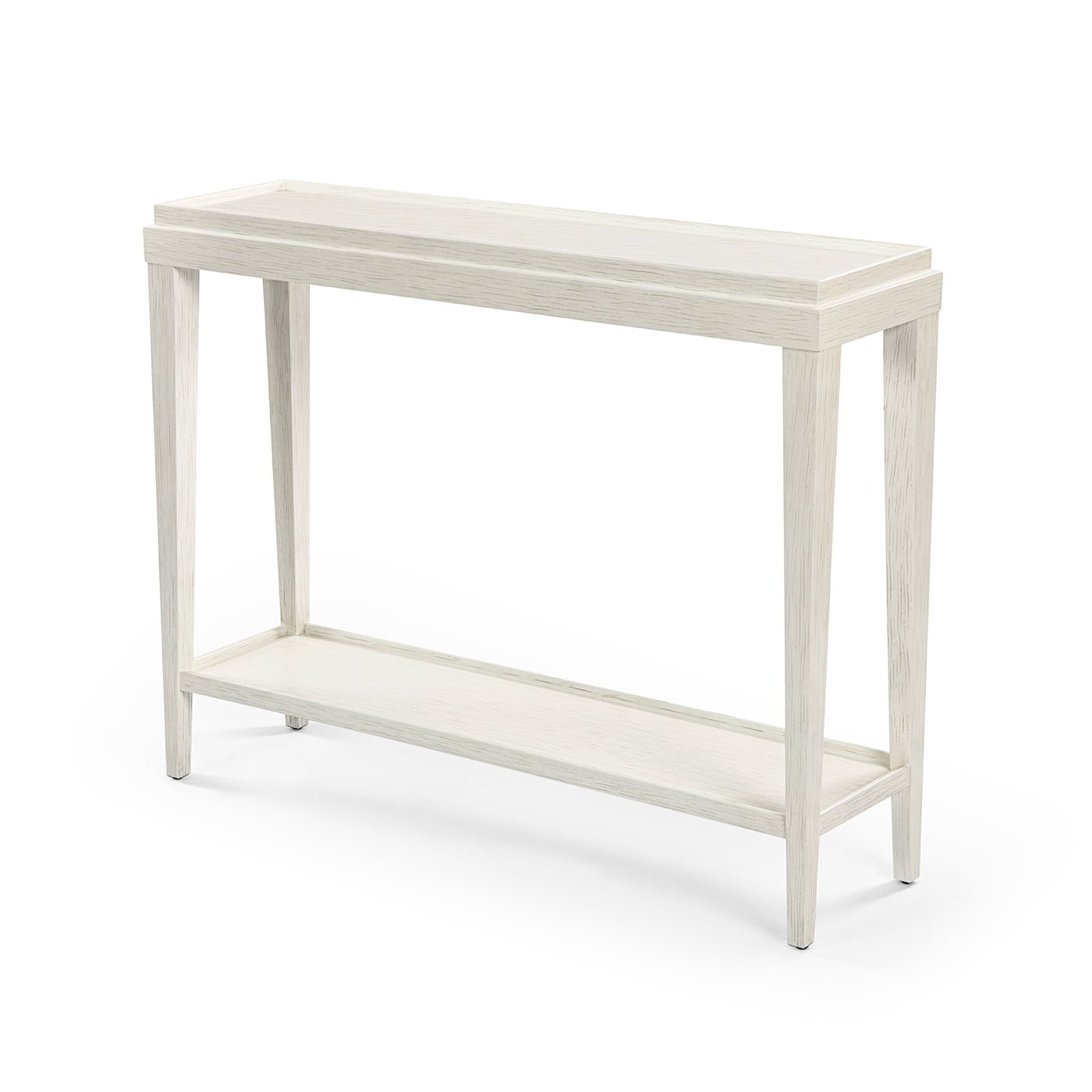 Small white console table, angled front view.