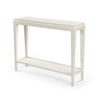 Small white console table, angled front view.