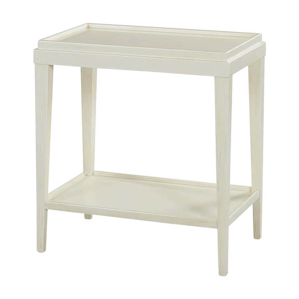 Small classic side table, drift white, angled view.